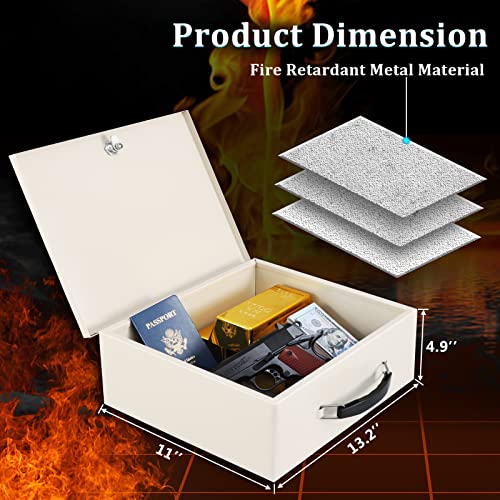Dalmbox Portable Fire Safe Box with Key Lock, Fire Resistant Metal Lock Box for Documents, Security Strong Storage Box Safety Deposit Box for Home, Outside, Car, XL Large,13.2¡±x 11¡±x 5.1'', Beige