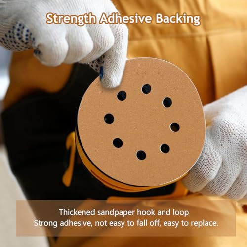 5 Inch 8 Hole Sanding Discs Hook and Loop, 50 PCS 220 Grit Sand Paper Disc for Random Orbital Sander, Gold Sandpaper Pads for Automotive and Woodworking