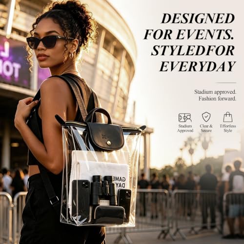 AKAIXI Clear Backpack with Leather Front Flap, Stadium Approved – Black