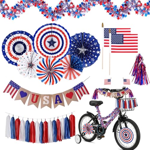 Patriotic 4th of July Bike Decor Kit – Flags, Streamers, Tassels & Garlands for Kids' Bikes