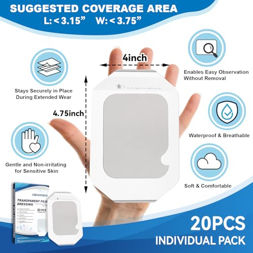Transparent Film Dressing 4" x 4.75" - 20 Pack Waterproof Wound Cover