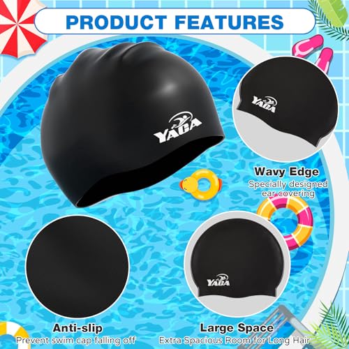 Kids Swim Caps for Long Hair - 2 Pack Silicone, Black & Blue
