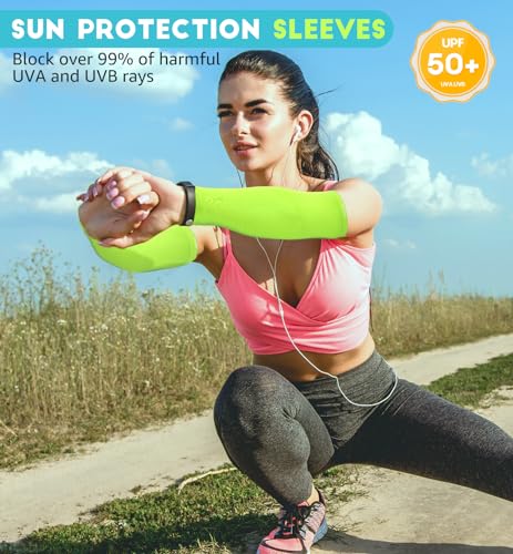 Arm Compression Sleeves - X-Large (1 Pair) Fluorescent Green, UV Protection & Support