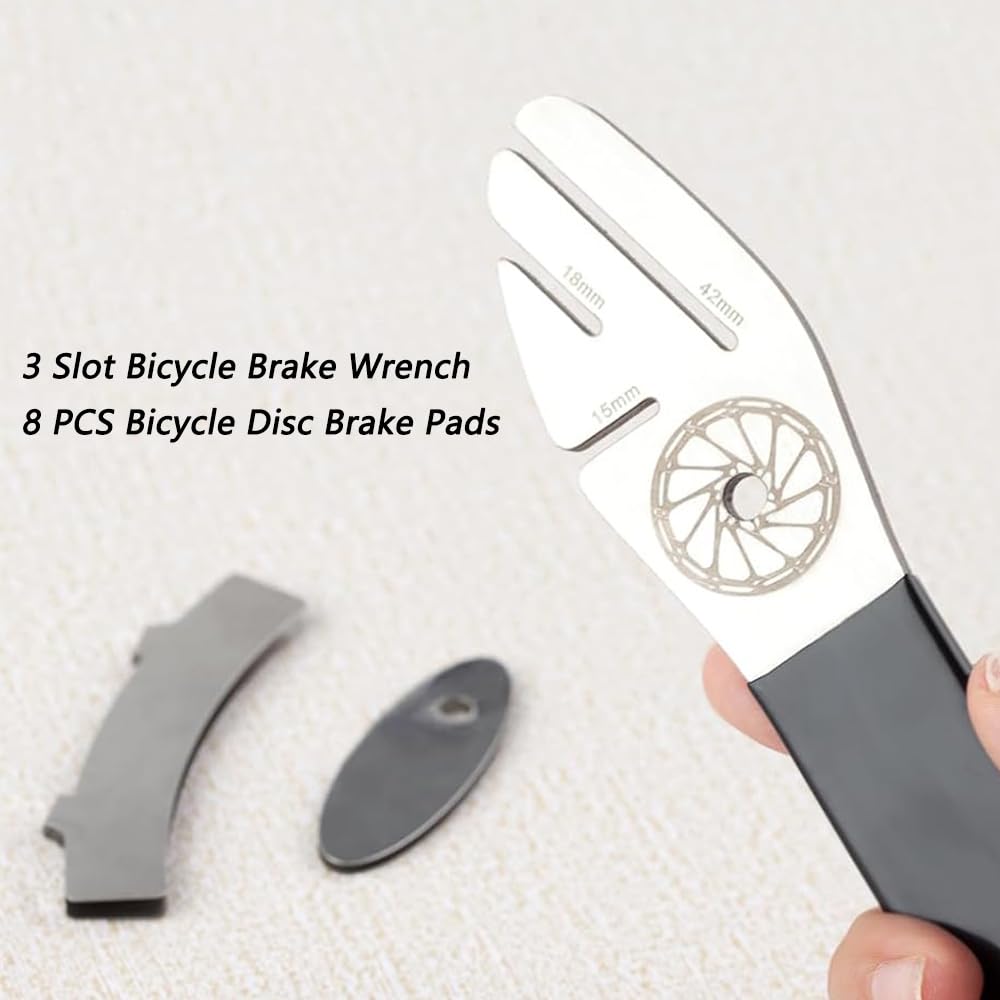 LHMYTREE Rotor Truing Fork Bike Disc Alignment Tool Bicycle Brake Wrench,3 Slot Bicycle Brake Wrench,and 8 PCS Bicycle Disc Brake Pads Adjusting Tool (Arc and Ellipse Shape),Used for Mountain Bikes.