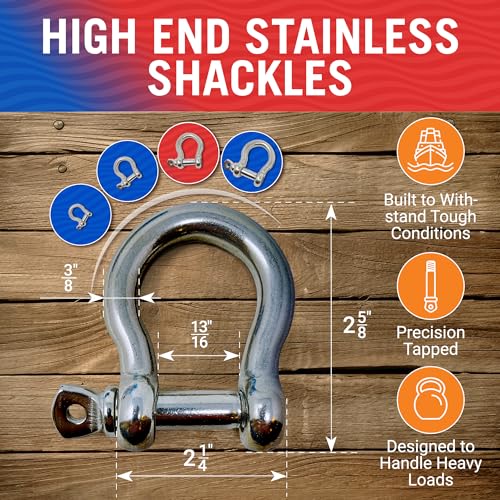 3/8" Stainless Steel D-Ring Shackles - Marine Grade, 4-Pack