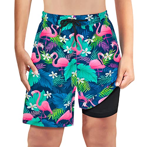Boys Swim Trunks with Boxer Liner - Flamingo, 8 Years