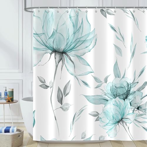 Aeyadis Teal Grey Watercolor Shower Curtain 72x72 in with 12 Hooks, Waterproof Polyester