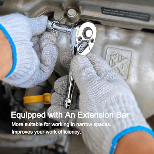 3/8-Inch Drive Ratchet Wrench, 72-Tooth Stubby Quick-Release Socket Wrench with a Extension Bar(5 inch), Reversible Switch, Chrome Alloy Made, Full-Polished Chrome Plating