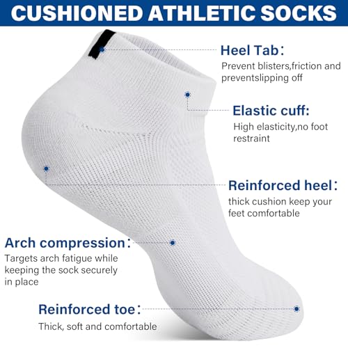 JOYZOO Men's Running Ankle Socks 9-12, White, Breathable Cushioned Low Cut Sports Tab Socks, 6 Pairs