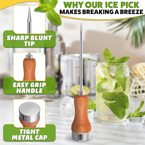 Ice Picks for Breaking in Freezer, 8.07 In, Stainless Steel, Wood