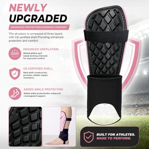 CotLike Pink Medium Soccer Shin Guards for Kids Youth Adults with Ankle Protection