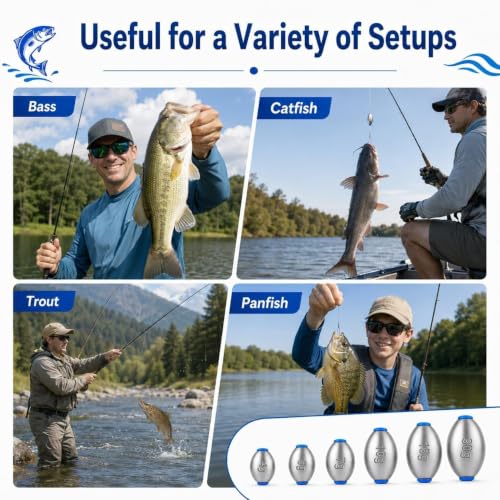Egg Sinkers Fishing Weights - 40 PCS Oval Slip Sinkers, 6 Sizes