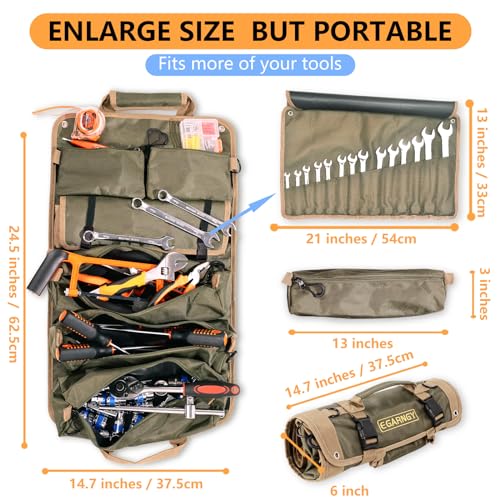 Tool Roll Up Bag, Large Tool Bag Organizer for Electrician, Heavy Duty Detachable with 3 Big Tool Pouches, 1 14-pocket Wrench Organizer, 2 Small Storage Tool Bag, Gift for Men/Dad/Him