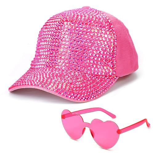 JIANGLAI Pink Bling Rhinestone Baseball Cap with Ponytail Hole - Adjustable Sun Hat for Women & Men
