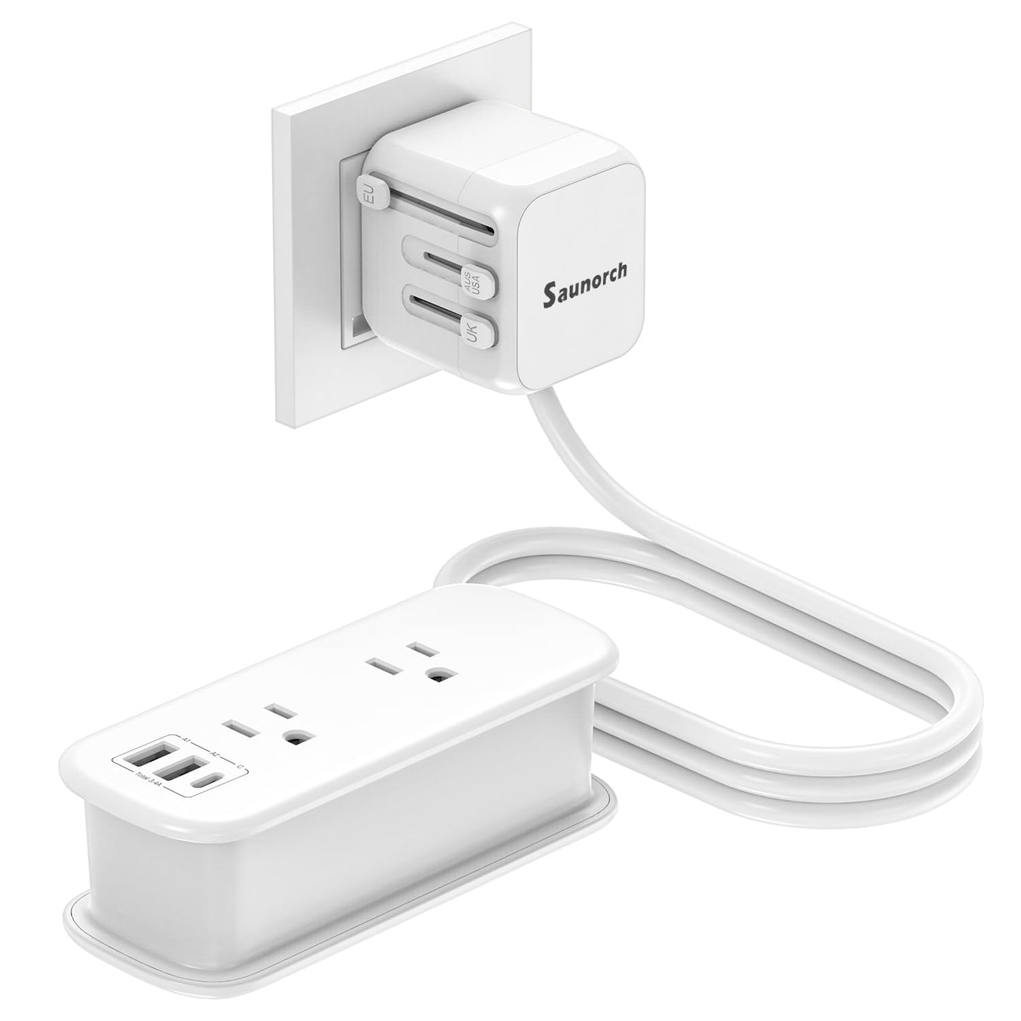 SAUNORCH Universal Travel Adapter Power Strip: 2 AC Outlets, 3 USB Ports, 6ft Cord - US to EU/UK/AU/China Worldwide Converter