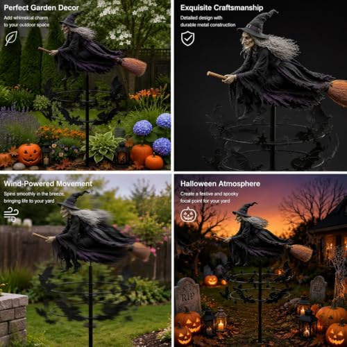 Wind-Powered Witch Spinning Garden Stake - Halloween Decor