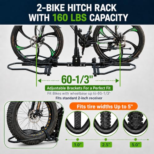 2-Bike Rack Hitch for E-Bikes & Fat Tires - 160lb Capacity