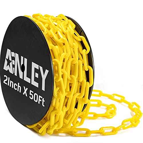Anley 50 FT Plastic Chain Links - Safety Barrier Chains - Rustproof, Lightweight & Easy to Cut - High Visibility for Crowd Control, Caution, Security, Construction Site (2 Inch x 50 Feet, Yellow)