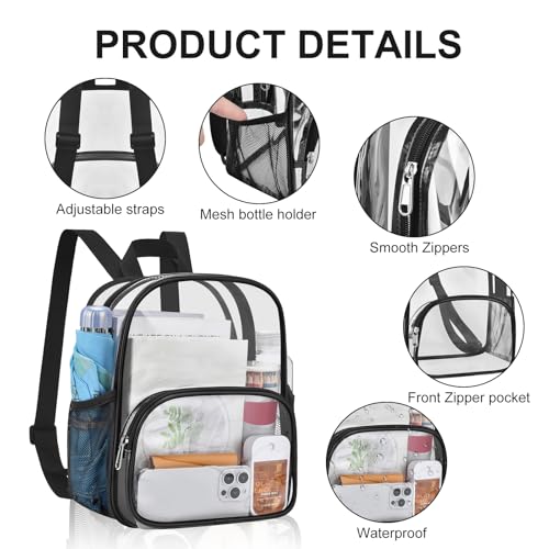 Clear Backpack for Stadiums - Medium Size Black - 11.5x9.5x6 In