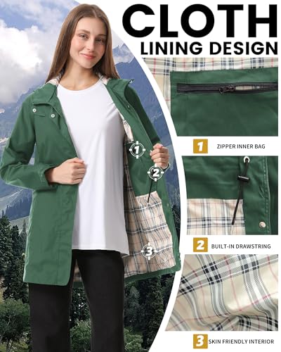 iCreek Women's Long Waterproof Rain Jacket with Hood, Packable, Dark Green (Medium)