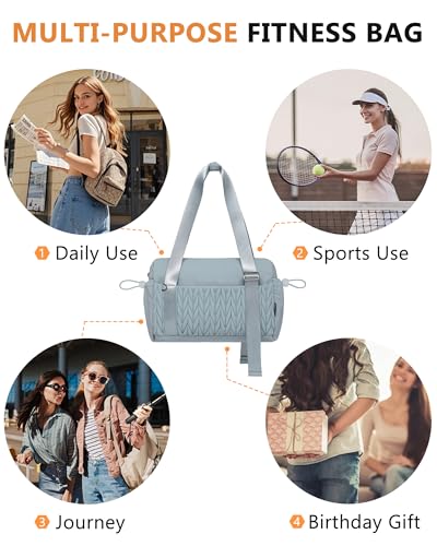 BAVERGE Light Blue Small Quilted Gym Bag for Women with Wet Compartment & Coin Purse