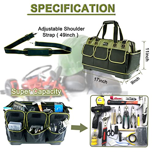 17in Tool Bag For Men Heavy Duty? with Waterproof Molded Base, High Capacity Wide Mouth Tote, Construction Worker Electricians Tool Bags, Large Tool Bag Organizer for Men Women Tool Tote