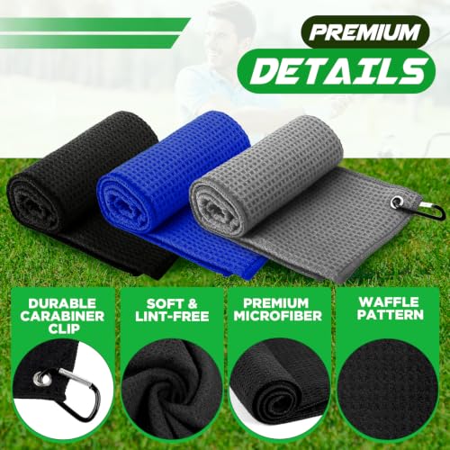 Microfiber Golf Towels 3 Pack - 16"x16" Waffle Pattern - Black/Blue/Gray