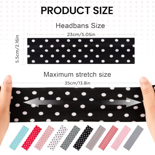 10-Pack Non-Slip Cotton Headbands for Women & Men - Polka Dots & Stripes