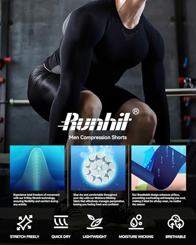 Runhit Men's Compression Shorts with Pockets 9" Black & White Medium - Athletic Workout Base Layer