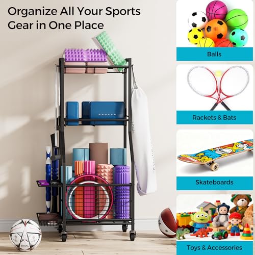 Cerlyunzan 17" Wide 3-Tier Sports Equipment Storage Rack with Wheels