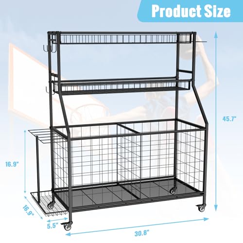 Heavy Duty Sports Equipment Organizer with Rolling Cart & Baskets