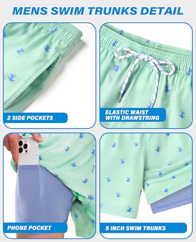 Gleeease Men's 5 Inch Quick Dry Swim Trunks with Compression Liner - Large Blue Frog