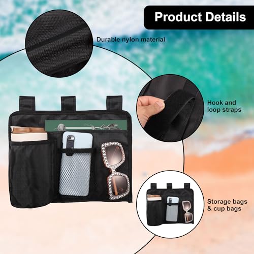 Lasuroa Black Nylon Beach Chair Cup Holder with 4 Pockets, Adjustable Strap