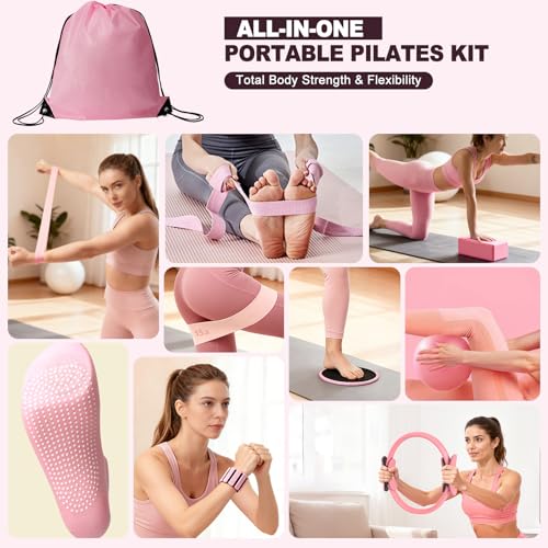 Complete Pilates Kit with Resistance Bands & Yoga Block - 18pcs Home Workout Set