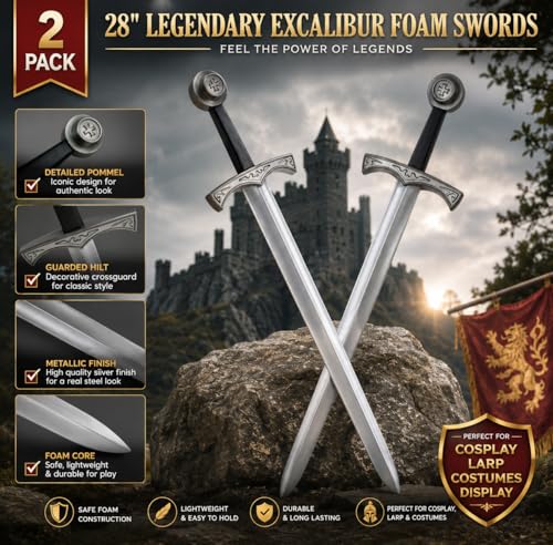 2-Pack Foam Medieval Excalibur Swords with Metallic Finish for Cosplay and Display