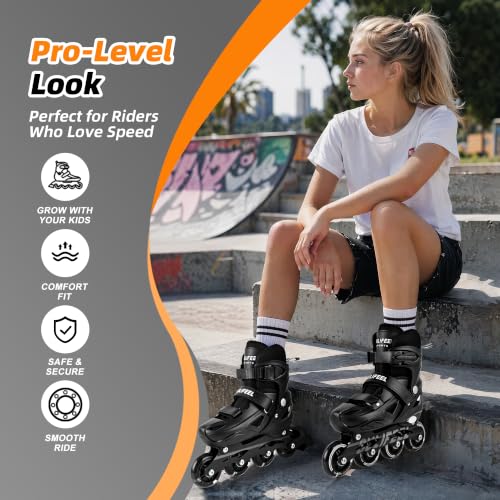 SULIFEEL Adjustable Light Up Kids Inline Skates - Black / Medium for Boys & Girls 4-12