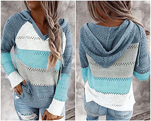 BLENCOT Blue Medium Striped Crochet Fall Sweater Hoodie for Women
