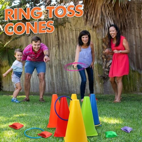 3-in-1 Ring Toss Game Set with 12 Rings, 12 Bean Bags & 6 Cones | Outdoor Carnival Yard Family Fun