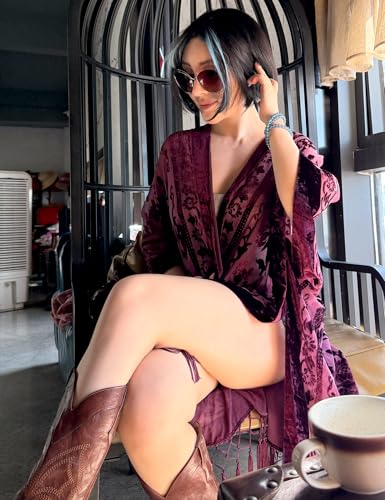 WeHello Women's Burgundy Burnout Velvet Kimono Cardigan with Tassels - Long Cover Up