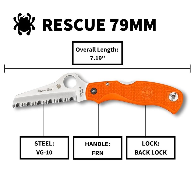 Spyderco Rescue 79mm Folding Pocket Knife with 3.1" VG-10 Steel Blade and FRN Handle - EDC Knife for Men and Women, Perfect for Hunting, Tactical, Camping, Survival, Hiking - SpyderEdge - C45SOR