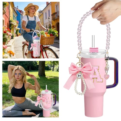 Pearl Handle Strap with Bow Charm for Owala Water Bottle - Pink/E