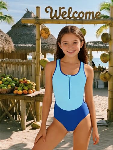 Girls Color-Block One Piece Swimsuit with Zipper - Blue, Size 11-12