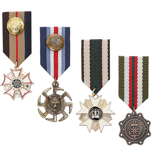 Military Medal Brooch Pins - Vintage Crown Geometric Design - 4 Pack