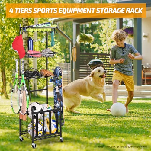 Vertical Sports Equipment Storage Rack with Hooks and Baskets