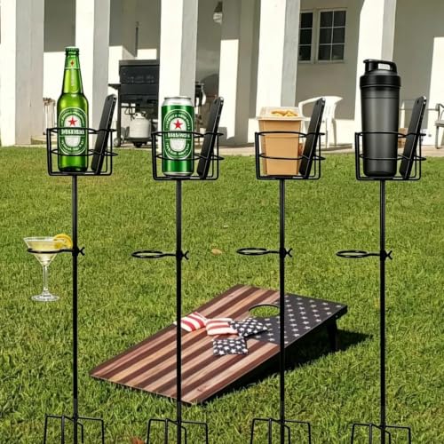 Heavy Duty Outdoor Cup Holder Set with Phone & Wine Glass Stakes, 4-Pack
