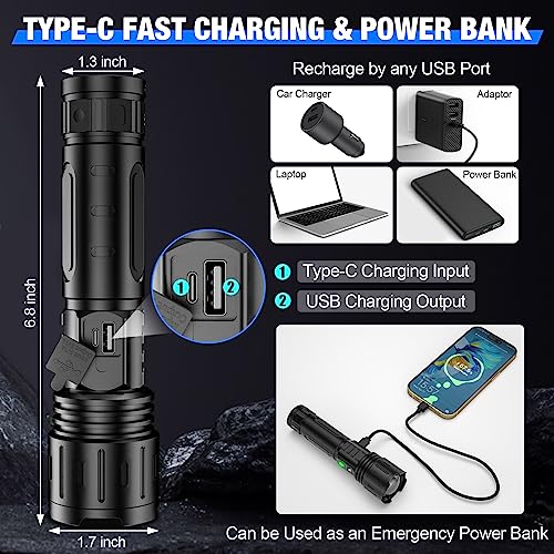 Banral LED Flashlights High Lumens Rechargeable, 5000mAh Super Bright Powerful Flashlight, Type-C, 5 Modes, Zoomable, IPX5 Waterproof High Powered Tactical Flash Light for Emergency Camping Hiking