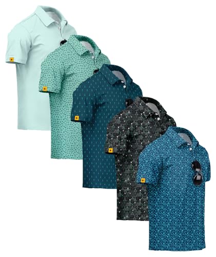 ZITY Men's Golf Polo Shirt Short Sleeve UPF 50+ Patterned Casual Shirt - Green/Blue, Large