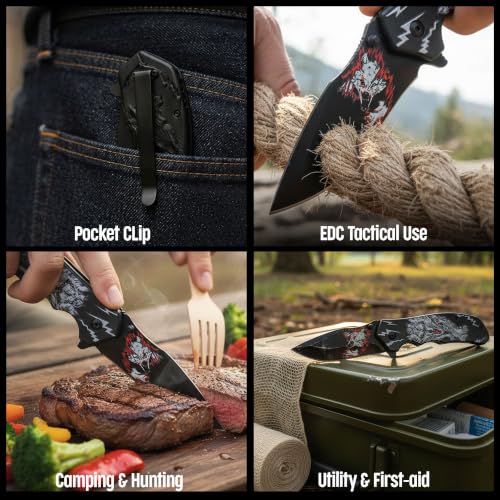 White/Black Wolf Decal Folding Knife - 8-Inch Liner Lock Pocket Knife for EDC, Gift