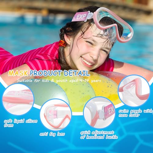 EXP VISION Kids 180° Panoramic Anti-Fog Dive Mask with Nose Cover - 2PCS Blue+Pink, Leak-Proof for Ages 4-14