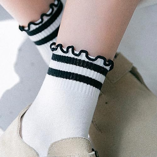 CHUNFO White Stripe Ribbed Frilly Socks 4Pack Women's Crew Socks US 5-9, One Size